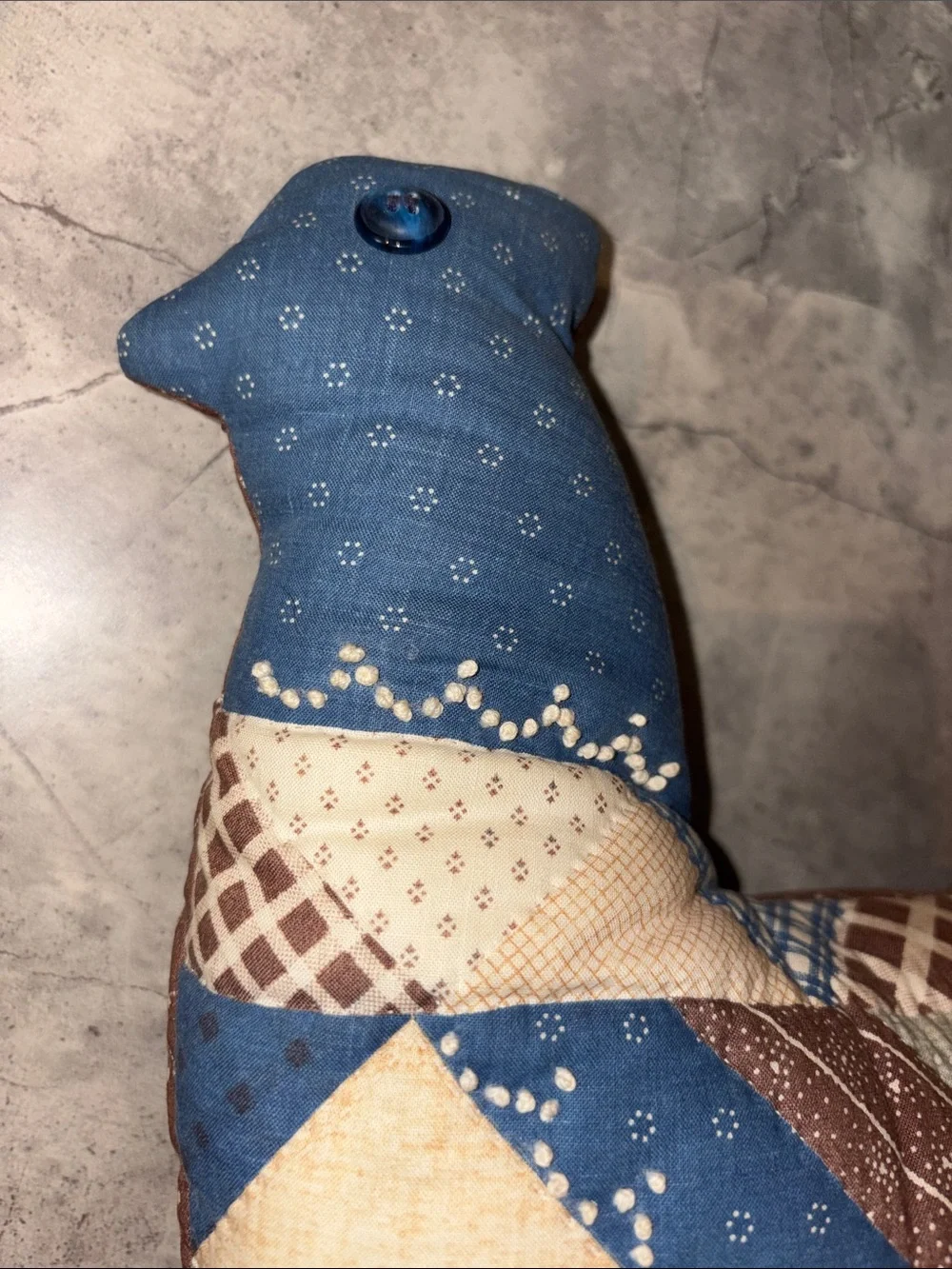 Vintage 90s Patchwork Quilted Chicken  Accent Pillow in Blue and Brown Handmade